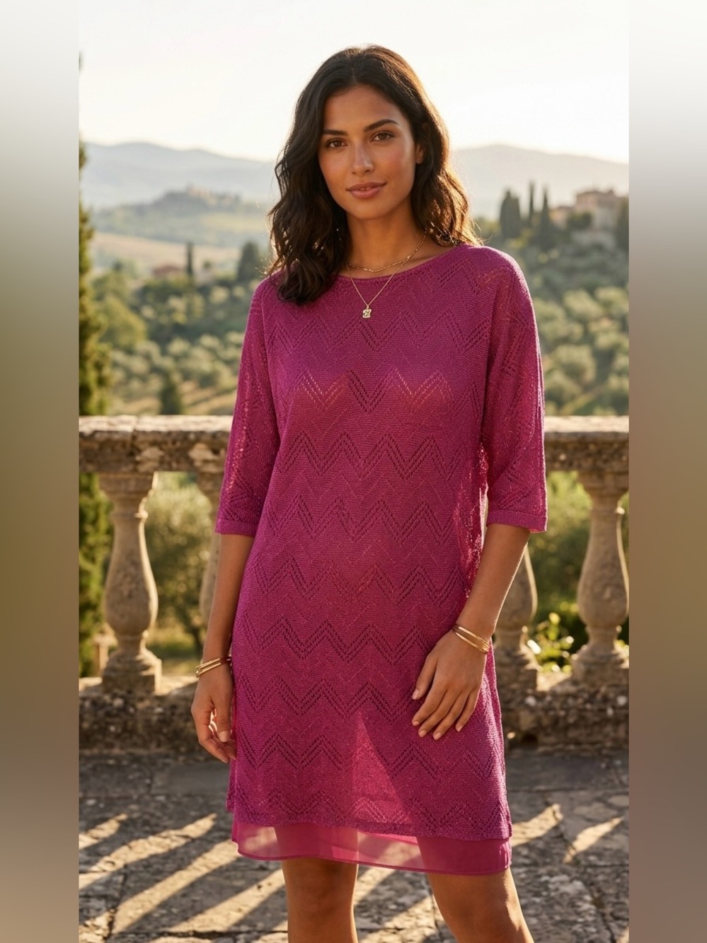 M by Missoni Vibrant Fuchsia Pink Metallic Zigzag Knit Shift‎ Dress
